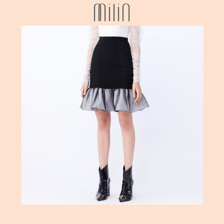 milin-round-about-draping-tulle-overlay-sturdy-wide-flounce-hem-detail-mesh-polyester-fitted-high-waist-skirt-กระโปรงเอวสูงผ้าตาข่ายโพลีเอสเตอร์แต่งชายระบาย-สีดำ