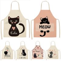 1Pcs Black White Cat Kitchen Aprons For Women Cotton Linen Bibs Household Cleaning Pinafore Home Cooking Apron 53x65cm WQL0123