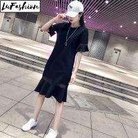 LuFashion ชุดเดรสผู้หญิงสไตล์เกาหลี,ชุดเดรสเข้ารูปลำลองสีพื้นทรงหลวมฤดูร้อน