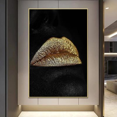 ◈❅ ผู้หญิงสีดำ Golden Lips และ Hands ภาพวาดผ้าใบ Golden Mouth โปสเตอร์และพิมพ์ Modern Wall Art รูปภาพสำหรับตกแต่งห้องนั่งเล่น