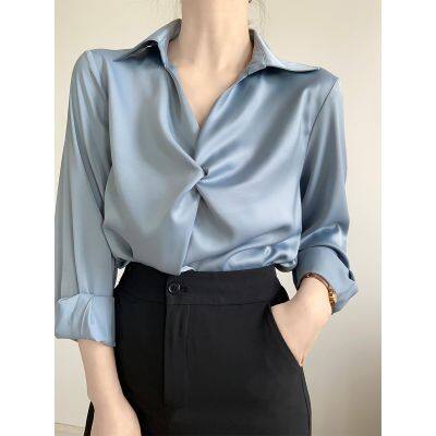 Fall In Love At First Sight Spring And Autumn High-End Blue Satin Shirt Womens Professional Commuter Shirt Design Sense Top Women