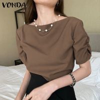 COD DSFERTRETRE VONDA Women Summer Korean Short Sleeve Casual Crew Neck Solid Color Pleated Blouse