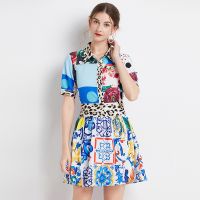 Women New Two-Piece Set Real Shot Spot New   Short-Sleeved Shirt + Printed Shorts Skirt Set