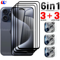 6in1กระจกนิรภัยสีดำสำหรับ iPhone 15 Pro Max IPhone15 Plus IPhone15Pro 15Pro iPhone 15ProMax 15 Pro 3D ป้องกันเคสหน้าจอเลนส์กล้องเลนส์โค้ง