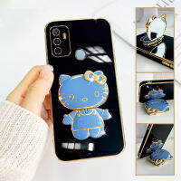 เคสoppoa53มาใหม่2023 case Kitty ขาตั้งแบบพับได้แฟชั่นสีทึบหรูหราชุบโครเมียมนุ่ม TPU เคสโทรศัพท์สแควร์คลุมทั้งหมดเคสป้องกั