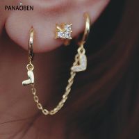 [Han ornaments] PANAOBEN แท้925ต่างหูเงินสำหรับผู้หญิงหัวใจทุกการแข่งขันแฟชั่นที่สวยหรูคริสตัลคู่เจาะโซ่ห่วงต่างหู