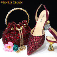 Venus Chan รองเท้าส้นสูงปลายแหลมสำหรับผู้หญิง,ส้นสูงมีเพชรเต็ม2023ปาร์ตี้ไวน์สีสง่างามชุดจับคู่รองเท้าและกระเป๋าอิตาลี