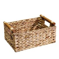 3X Wicker Basket Rectangular with Wooden Handles for Shelves Hyacinth Basket Storage,Natural Baskets for Organizing