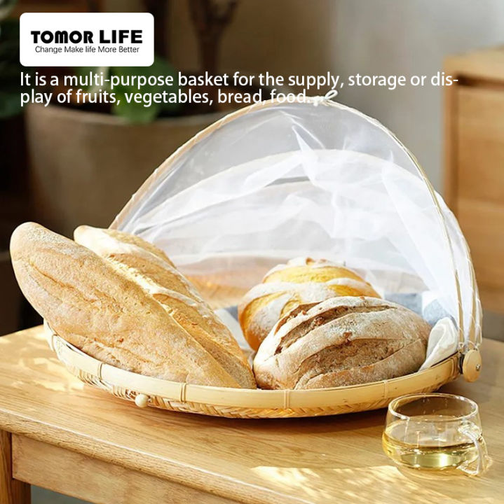 tomor-life-ตะกร้าไม้ไผ่ตาข่ายถักด้วยมือใส่อาหารฝาแบบตาข่ายเสิร์ฟอาหารในเต็นท์ถาดใส่ผักผลไม้ตะกร้าที่เก็บขนมปัง