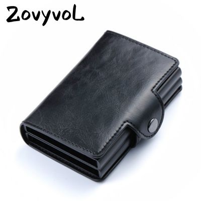 （Layor wallet）  ZOVYVOL RFIDBlocking หนัง PU อลูมิเนียมสองชั้นผู้ถือบัตรธุรกิจบางกระเป๋าสตางค์อัตโนมัติป๊อปอัพ ID กระเป๋าเงินเหรียญบัตรเครดิต