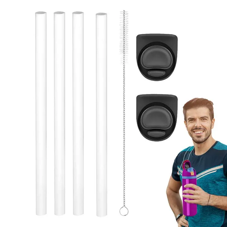 Straws With Cleaning Brush Kit Silicone Replacement Rubber Lid for