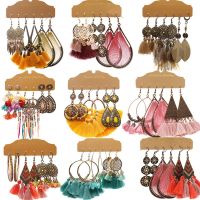 Exknl 3 Pairs/set Big Vintage Fringed Tassel Drop Earrings Set Women Ethnic Boho Feather Long Flower Earrings Jewelry 2021 New