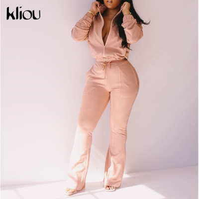 Kliou Solid Casual Two Piece Set Women Zipper Long Sleeve Top And Bandage Flare Pants Matching Set Spring Active Workout Outfits