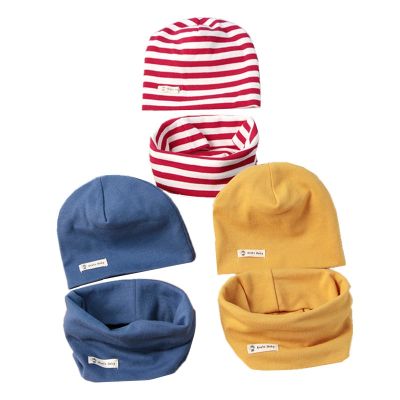 Autumn Winter Cotton Knit Childrens Hat Collar 2 Set Boys and Girls Hats Set Baby Solid Color Scarf Cap two-piece