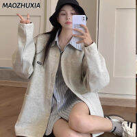 MAOZHUXIA เสื้อแจ็คเก็ตคาร์ดิแกนคอวีสีเทาสำหรับผู้หญิง,เสื้อเสื้อแจ็คเก็ตลำลองคาร์ดิแกนคอวีแขนยาวทรงหลวมสไตล์เกาหลีฤดูใบไม้ร่วงและฤดูหนาว