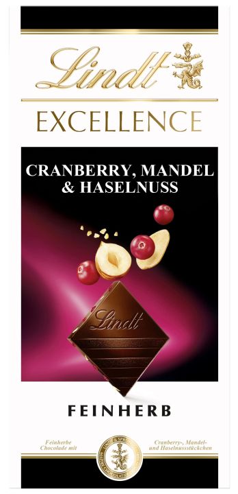 lindt Excellent Chocolate Cranberry , Mandel &amp; Haselnuss Feinherb น้ำหนัก 100 กรัม BBF 31/12/23
