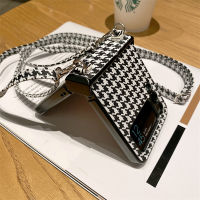 สำหรับ S Amsung G Alaxy Z Flip4 Z Flip3 5กรัมหรูหรา Houndstooth เปลือกหนังผู้หญิงข้ามร่างกายเชือกเส้นเล็กพับโทรศัพท์กรณี G Alaxy Z พลิก4 Z พลิก3พลิกปก