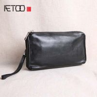 AETOO Mens clutch bag handbag mens leather large-capacity retro casual first layer cowhide long wallet soft leather mobile pho