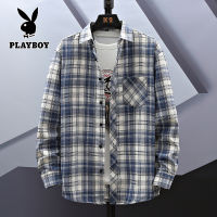 PLAYBOY ฤดูใบไม้ผลิบางเสื้อทำงานเสื้อเชิ้ตลำลองเสื้อเชิ้ตลายสก๊อตแขนยาวเสื้อสำหรับชาย M-5XL