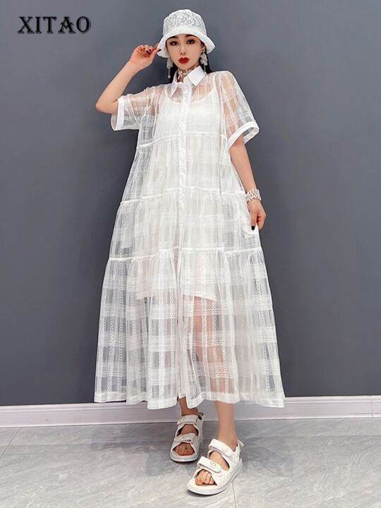 xitao-shirt-dress-fashion-casual-mesh-women-solid-color-dress