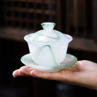 เครื่องเคลือบหยกสีเขียวมรกต Gaiwan-Chufang ถ้วยน้ำชาขนาดเล็ก100มล. ซานไซฝาปิดถ้วยถ้วยชาแก้วสีสำหรับ W12-69หนึ่งคน
