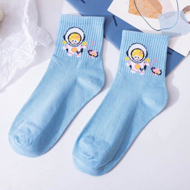 college-style-women-cotton-socks-fashion-cartoon-planet-fruit-middle-tube-girl-socks