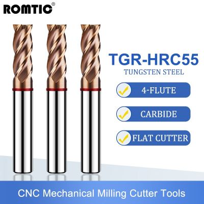 ROMTIC TGR-HRC55 ทังสเตนเหล็กคาร์ไบด์สําหรับเครื่องตัดมิลลิ่งเหล็ก 4F Color-Ring Coating CNC Mechanical Flat Bottom Endmills เครื่องมือ