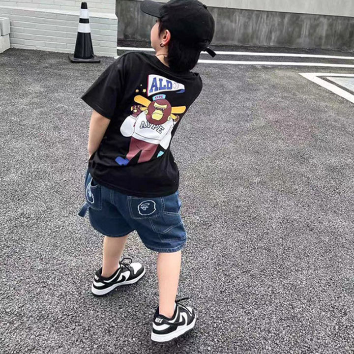 amila-ins-กางเกงเด็กกางเกงยีนส์ขาสั้นทรงหลวมแบรนด์สำหรับเด็กผู้ชายญี่ปุ่น