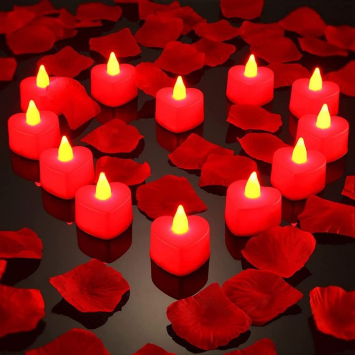 24แพ็คเทียนรูปหัวใจโรแมนติกรัก-led-เทียนทีไลท์กับ100ชิ้นผ้าไหมกลีบกุหลาบสำหรับวันวาเลนไทน์แต่งงานตกแต่งตาราง