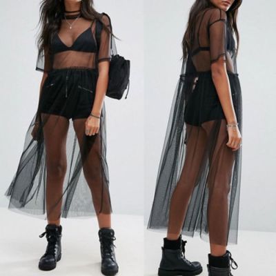 POP-Fashion Women Gauze Mesh Midi Dress Sheer Tulle Maxi