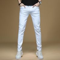 Mens Korean Fashion Soild White Jeans Broken Hole Small Leg Slim Fit Denim Pants Brand Elastic Streetwear Straight Trousers