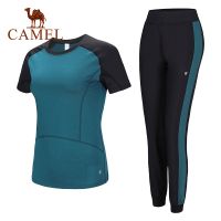 Camel Women S 2ชิ้นชุดโยคะฟิตเนสกีฬาเสื้อยืดและกางเกง