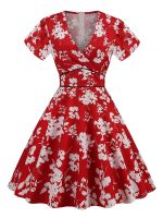 【Love as before】แขนสั้น V คอปาร์ตี้ฤดูLove as beforeผู้หญิง Causal Robe Vintage 60S 50S Big Swing Midi Pin-Up Tunic Sundress Vestidos