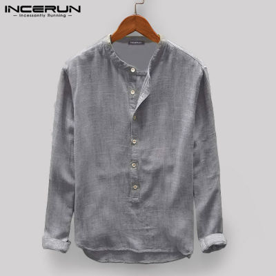 INCERUN เสื้อบุรุษผ้าฝ้ายแขนยาวเสื้อคอจีน Henley Grandad Top เสื้อยืดสตรี (เสื้อผ้าลำลอง) #3