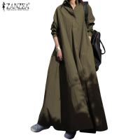 ZANZEA Women Casual Full Sleeve R Side Pockets Solid Long Dress