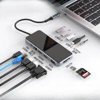 Type-C ฮับ USB 3.0 Splitter พร้อมพอร์ตเครือข่ายด็อกต่อขยายคอมพิวเตอร์ตัวฮับแปลงสัญญาณแท่นวางมือถือพร้อมจอแสดงผลดิจิตอล