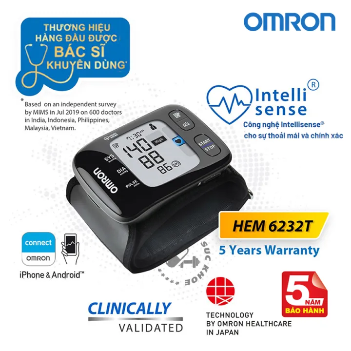 Máy đo huyết áp cổ tay OMRON HEM-6232T, bảo hành 5 năm, thiết kế siêu nhỏ gọn, kết nối bluetooch