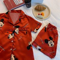 Disney Mickey Women Pajamas Summer Mouse Short-sleeved Nightgowns Simulation Silk Sexy Spring Autumn Sleepwear Home Clothing Set