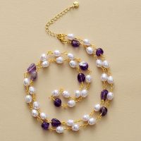 Classy Gold Plated Amethysts Pearl Enegry Crystal Link Chains Layered Anxiety Necklace Designer Women Elegant Jewelry