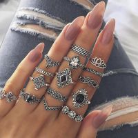 15 Pcsset Bohemian Retro Crystal Flower Leaves Hollow Geometric Gem Silver Ring Set Knuckle Finger Midi Ring for Women Jewelry