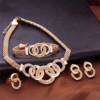 【lz】❉  Geometric Circle Metal Jewelry Set para Mulheres Colar Pulseira Brincos Anel Link Chain Luxo Casamento 4Pcs Conjunto