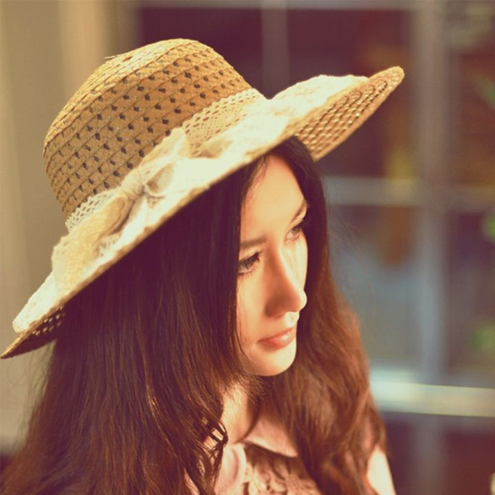 chui746-แฟชั่น-ถัง-ผู้หญิง-พับได้-ฤดูร้อน-ปีกกว้าง-ด้านลูกไม้-หมวกกันแดด-หมวกฟาง-หมวกชายหาด