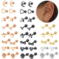 Stainless Steel Star Tragus Stud Earring Small Barbell Moon Heart Helix Earring Stud Cartilage Piercing Flower Lobe Stud Jewelry