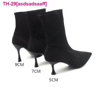 asdsadsaaff Salto 9ซม.7ซม.5ซม.ยืดหยุ่นTecido Meias Botas Femininas Preto Sapatos Elegante Dedo Do Pé Apontado Trico Elástico Tornozelo Para Mulher