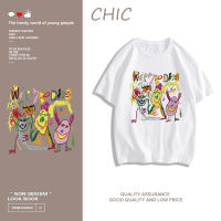 CHIC ผ้าฝ้ายแท้ ภาพวาดที่น่าสนใจพิมพ์เสื้อยืดแขนสั้นคอกลมสบาย ๆ A2655