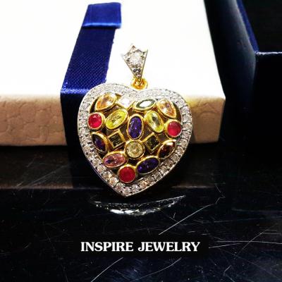 INSPIRE JEWELRY  จี้เพชรสวิสพลอยนพเก้าล้อมเพชร  งานจิวเวลลี่ gold plated / diamond clonning พร้อมสร้อยคอยาว 18  and jewelry box
