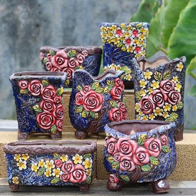 [COD] Korean hand-painted succulent flowerpot hand-carved rose ceramic rough pottery breathable square butt size high old cliff pile