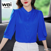 WEISHIBLUE ฤดูร้อนใหม่แขนสามในสี่ Blousess หญิงยืนขึ้นปกลายเสื้อลำลองหลวมของผู้หญิงด้านบนขนาดใหญ่