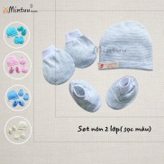 Set Nón sơ sinh 2 lớp, tay chân bo sọc màu, thương hiệu MINTUU