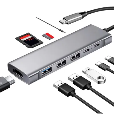 9 in 1 USB C Hub with Type-C HDMI-Compatible 4K PD TF Port Expansion Adapter Computer Replacement Parts